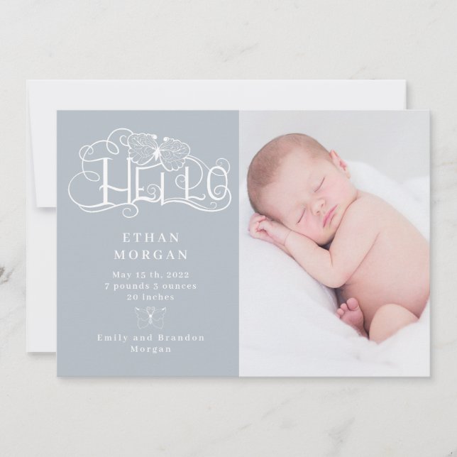 lantlig skript fjäril blå födelsetillkännagivande inbjudningar (Framsida)