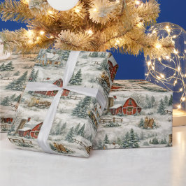 Lantlig snötäckt gård vintermönster presentpapper