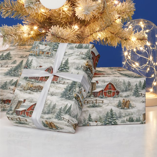 Lantlig snötäckt gård vintermönster presentpapper (Helgdagar)