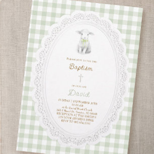 lantlig söt lamm salvia grön gingham Dop Inbjudningar