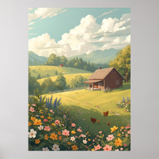 Lantlig stuga med vilda blommor  poster