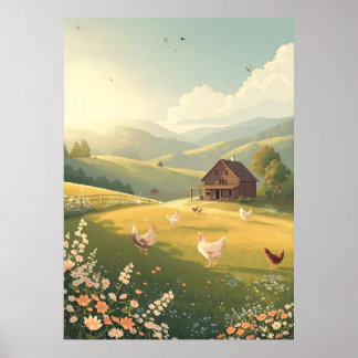 Lantlig stuga omgiven av vilda blommor  poster