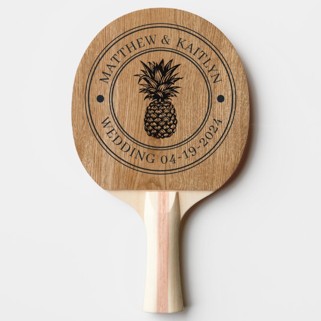 Lantlig tall trä ananas bröllopssköld & namn pingisracket (Baksidan)