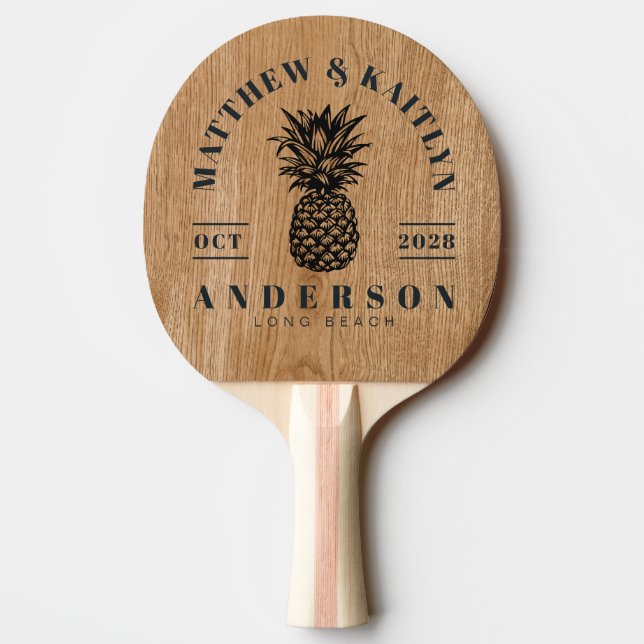 Lantlig tallträ Tropical ananas bröllopskamouflage Pingisracket (Baksidan)