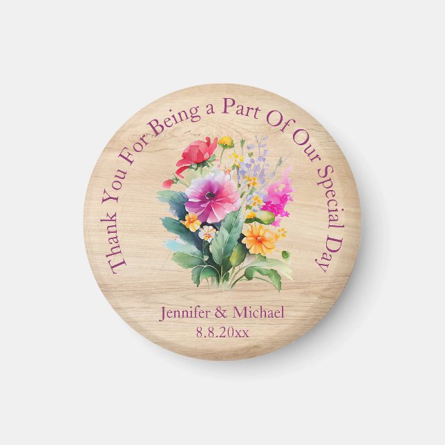 lantlig trä blommig rosa skrivstil tack bröllop magnet (Framsidan)