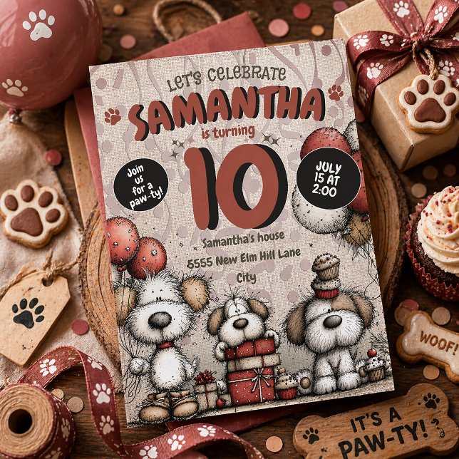 Lantlig Valp Tjej 10-års Födelsedag Inbjudningar (Cute dogs 10th birthday party invitation for little girls)