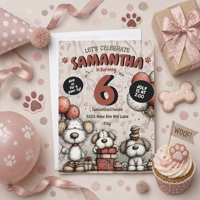 Lantlig Valp Tjej 6-års Födelsedag Inbjudningar (Cute puppy dog little girl's 6th birthday party invitation)