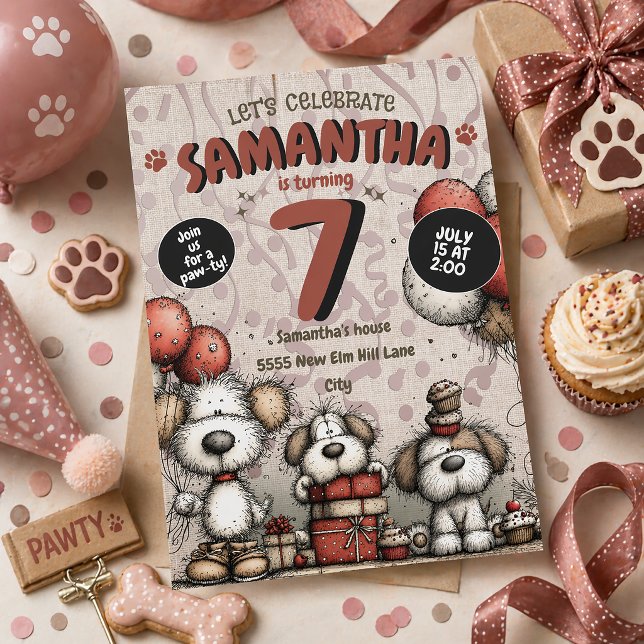 Lantlig Valp Tjej 7-års Födelsedag Inbjudningar (Cute dogs 7th birthday party invitation for little girls)