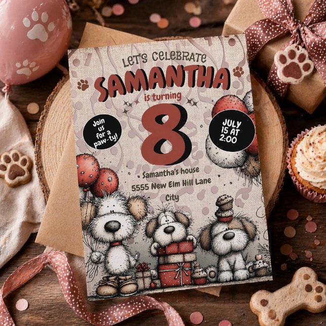 Lantlig Valp Tjej 8-års Födelsedag Inbjudningar (Cute dogs 8th birthday party invitation for little girls)