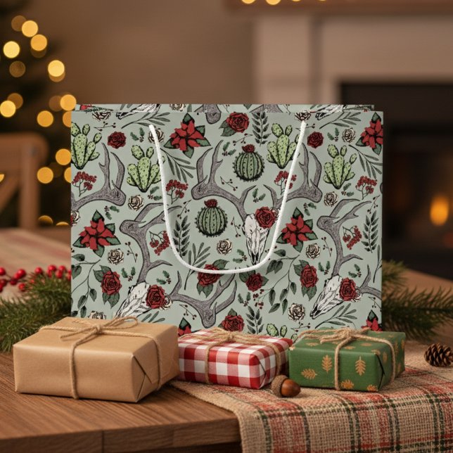 Lantlig västernjul Blommig Ren Skalle (Country Xmas Gothic Reindeer Skulls, Roses, Succulents, Cacti, Berries Sage Christmas Gift Bags)