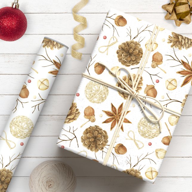 Lantlig vattenfärg tallkotte julfirande presentpapper (Skapare uppladdad)