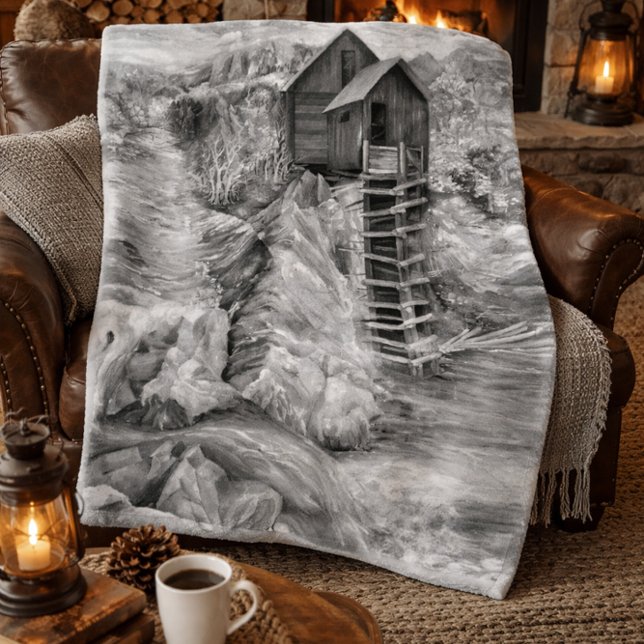 Lantlig Vattenkvarn Landskap Monokroma Grå Färger Fleecefilt (Skapare uppladdad)