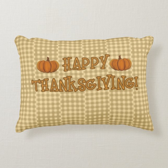 Lantlig Vintage Brun Crème Thanksgiving Pumpa Prydnadskudde (Framsidan)