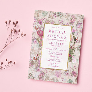 Lantlig vintage lila rosa blomster Bröllopsdusch Inbjudningar