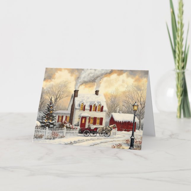 Lantlig vinters hem vintage julkort helgkort (Framsida)