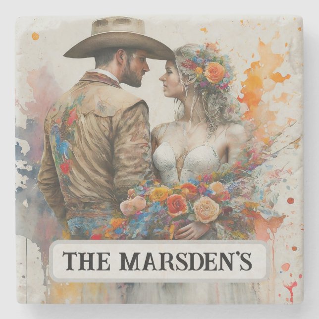 Lantlig Watercolor Nygifta Västern Stenunderlägg (Framsidan)