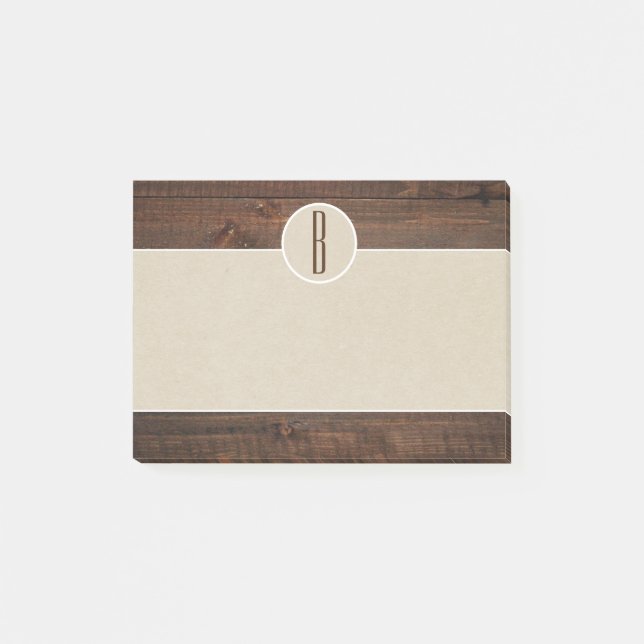 Lantlig Wood & Brown Kraft Rostig Monogram Initial Post-it Block (Framsida)