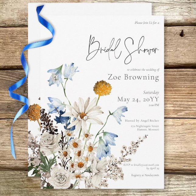 Lantliga blå vilda blommor & tusenskönor möhippa inbjudningar (Rustic Blue Wildflowers & Daisies Bridal Shower Invitation)