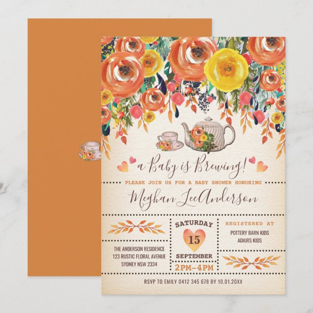 Lantliga blommor för nedgång för höst för baby inbjudningar (Fram/baksida)