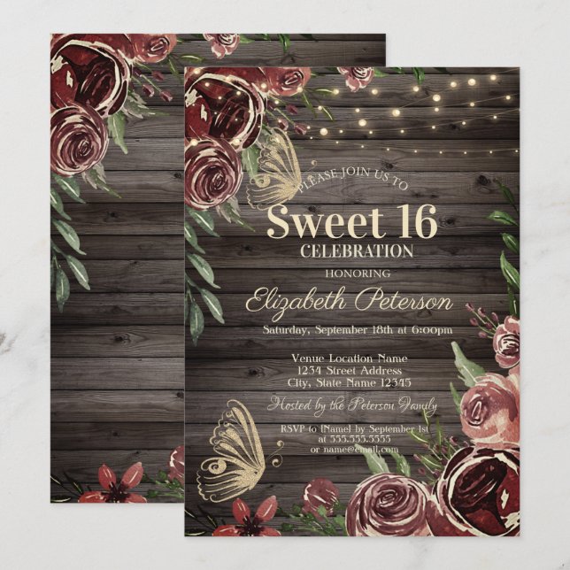 Lantliga blommor Glitter Fjärilar Trä Sweet 16 Inbjudningar (Fram/baksida)