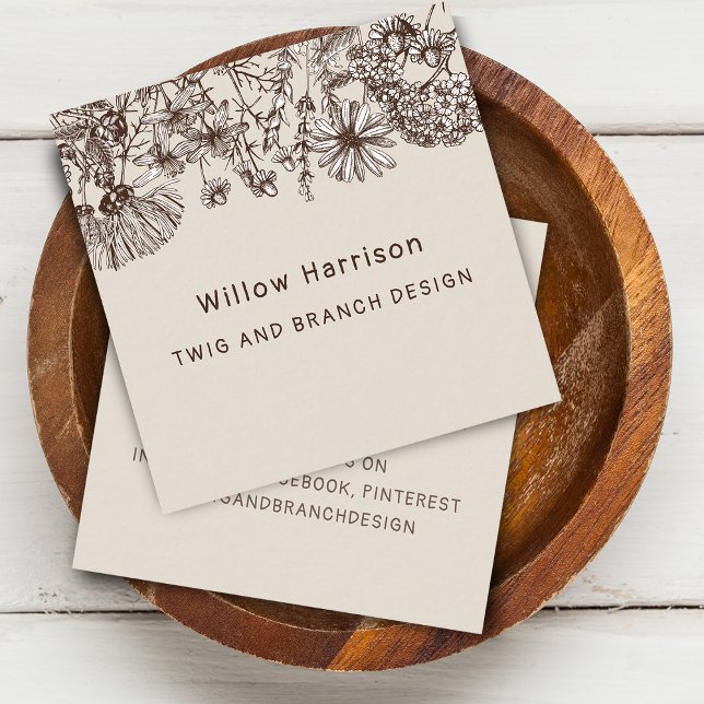 Lantliga Drömmande Vildblommor Fyrkantigt Visitkort (Rustic Whimsical Wildflowers Square Business Card)
