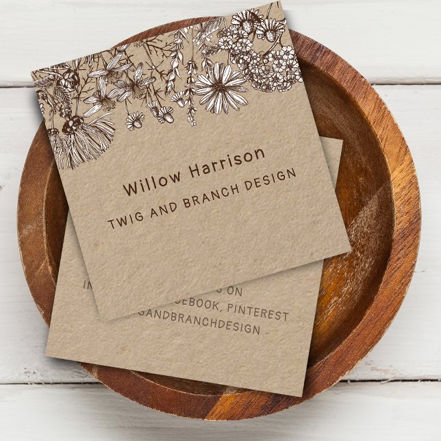 Lantliga Drömska Vildblommor Fyrkantigt Visitkort (Rustic Whimsical Wildflowers Square Business Card)