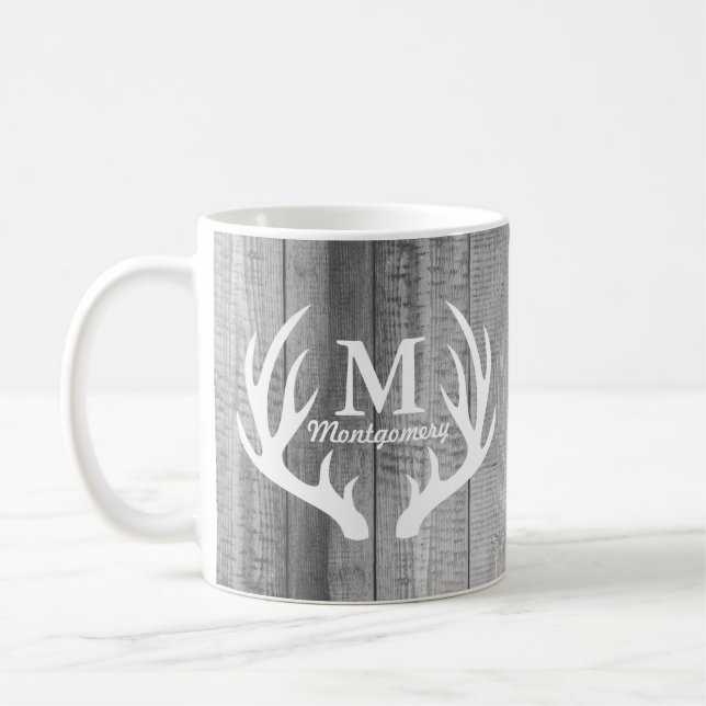 Lantliga gråa Wood plankor & vithjorthorn på Kaffemugg (Vänster)