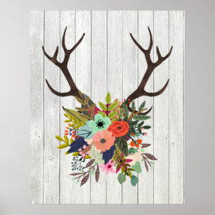 Lantliga hjorthorn på kronhjort med blommor poster