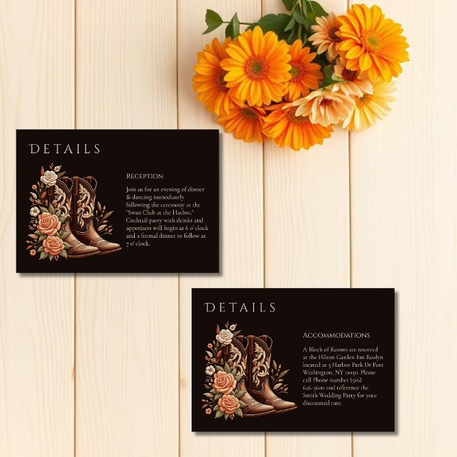 Lantliga västliga blommor med cowboystövlar tilläggskort (Country Western Flowers with Cowboy Boots-Wedding Enclosure Card-Details)