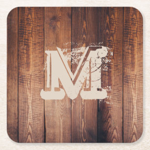 Lantliga wood Monogrammed märka med sina initiale Underlägg Papper Kvadrat