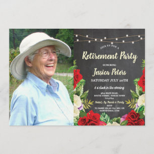 Lantligt foto för röd ros för pensionpartykrita inbjudningar