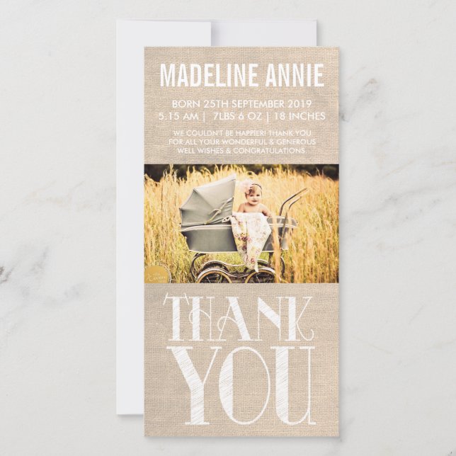 Lantligt foto för tack för Burlapbabyfödelse Kort (Framsida)