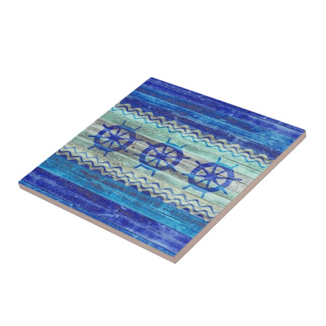 Lantligt marinblått kust- dekorfrakthjul kakelplatta (Sidan)