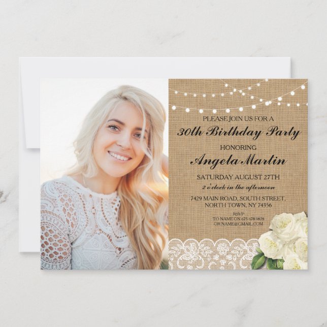 Lantligt rosa foto för födelsedagsfestBurlapsnöre Inbjudningar (Framsida)