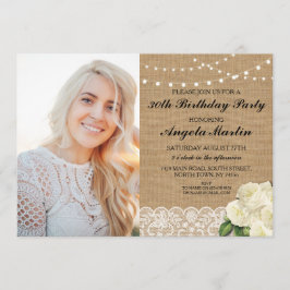 Lantligt rosa foto för födelsedagsfestBurlapsnöre Inbjudningar