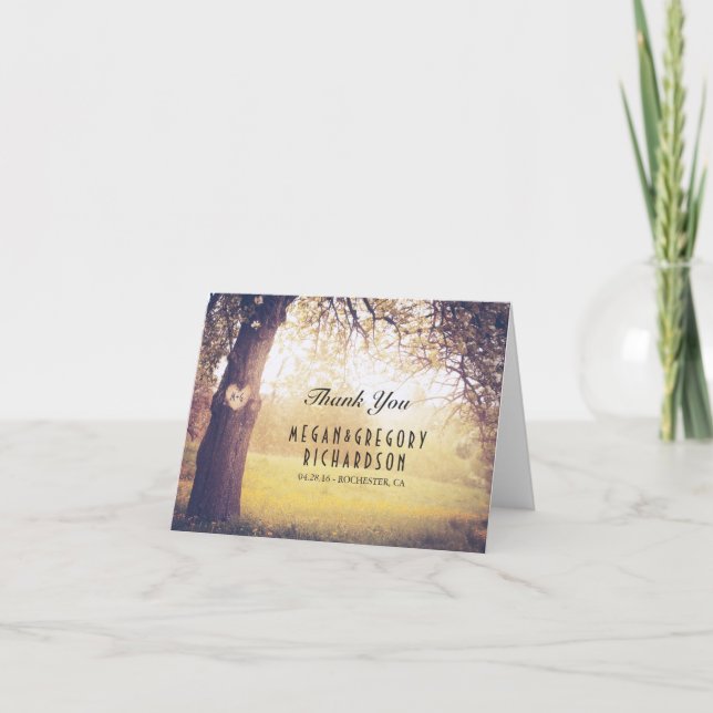 Lantligt tack för träd- och trähjärtabröllop kort (Framsida)