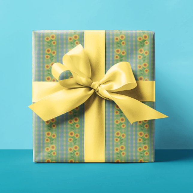 Lantstuga Blå Grön Gul Solrosor Presentpapper (Happy sunflowers all occasion gift wrap)
