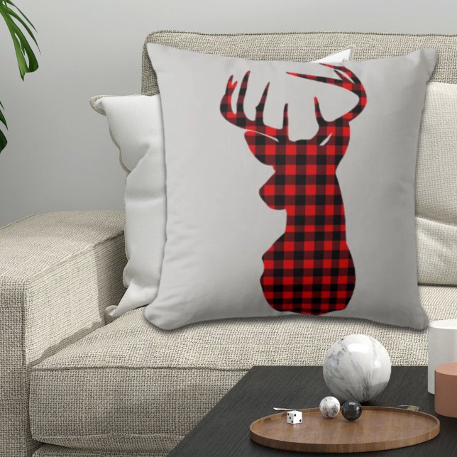 lantstuga röd buffelmönstrad jul hjort kudde (country cabin red buffalo plaid christmas deer throw pillow)