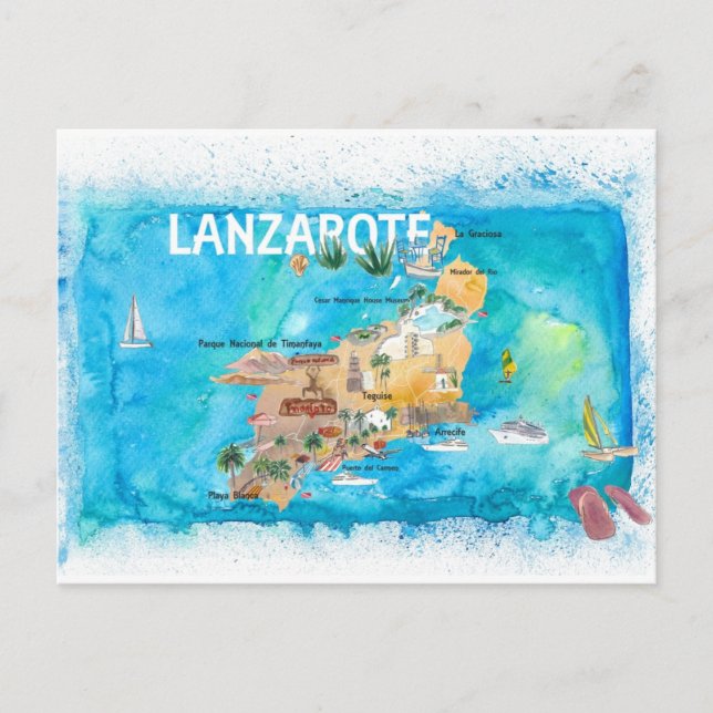 Lanzarote Canarias Spain Illustrated Karta Helg Vykort (Framsida)