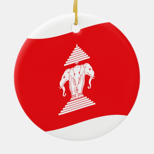 Lao Erawan Three Headed Elephant Flagga Wave Julgransprydnad Keramik (Baksidan)