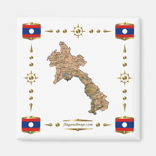 Laos Karta + Flaggor Magnet