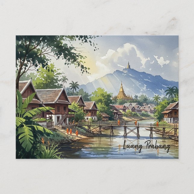 Laos Luang Prabang Travel Watercolor Vykort (Framsida)