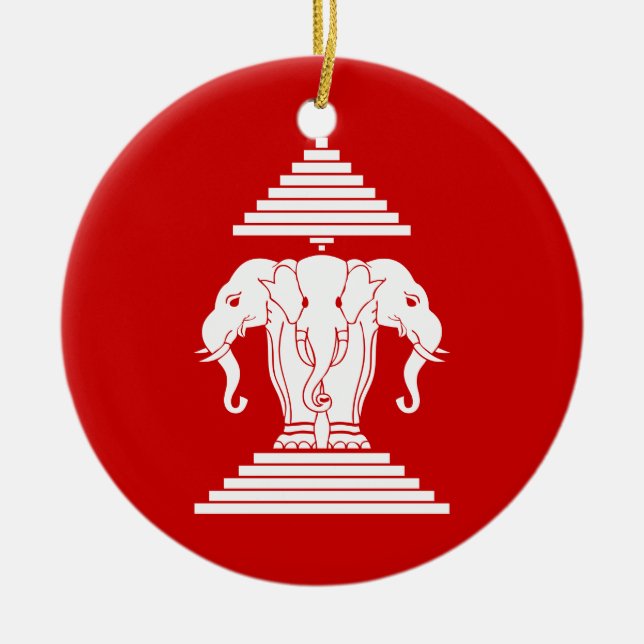 Laotisk Erawan tre hövdad elefant/Laos flagga Julgransprydnad Keramik (Framsidan)