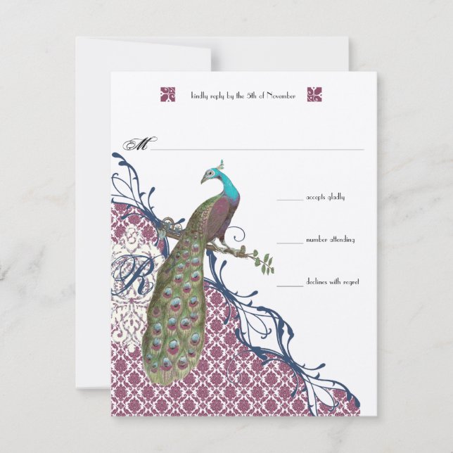 Lapis Blå Hallon Damask Påfågel Bröllop OSA Kort (Framsida)