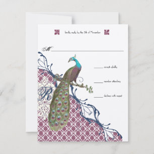Lapis Blue Raspberry Damask Peacock Bröllop OSA Kort
