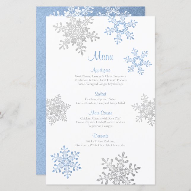 Lapis Blue Silver Snowflake Winter Wedding Menu (Fram/baksida)