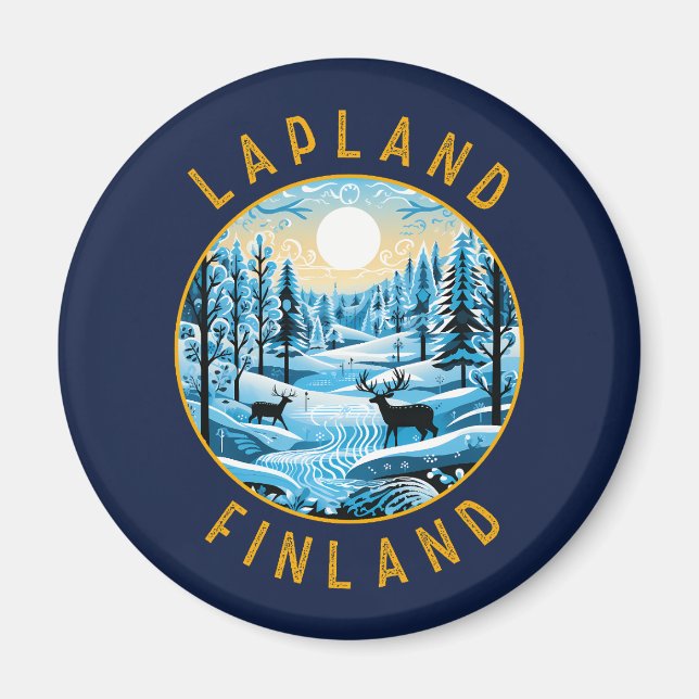Lapland Finland Hjort Retro Distress Circle Magnet (Framsidan)