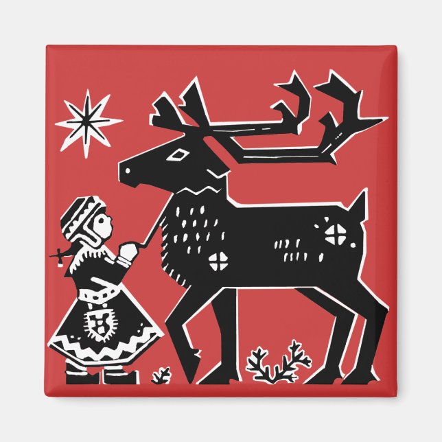 Lapland Girl Holds Reindeer jul Magnet (Framsidan)