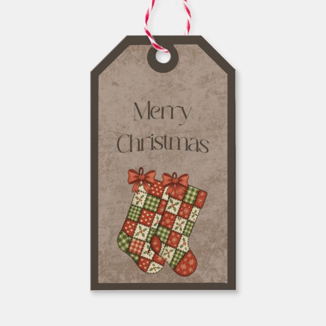 Lappade strumpor i julfärger presentkortsetikett presentetikett (Framsidan)