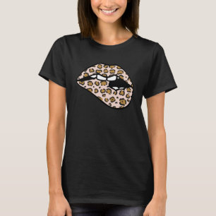 Läppar Biting Mouth Rosa Leopard Print Women Cute T Shirt